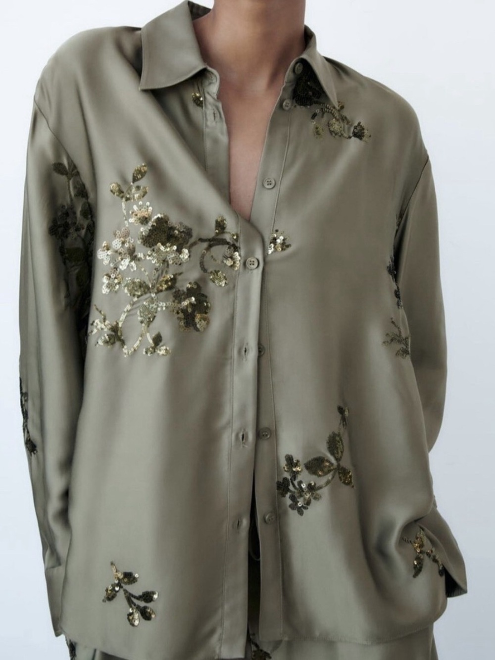 Zara Olive Green Satin Embroidered Sequin Button-Up Blouse